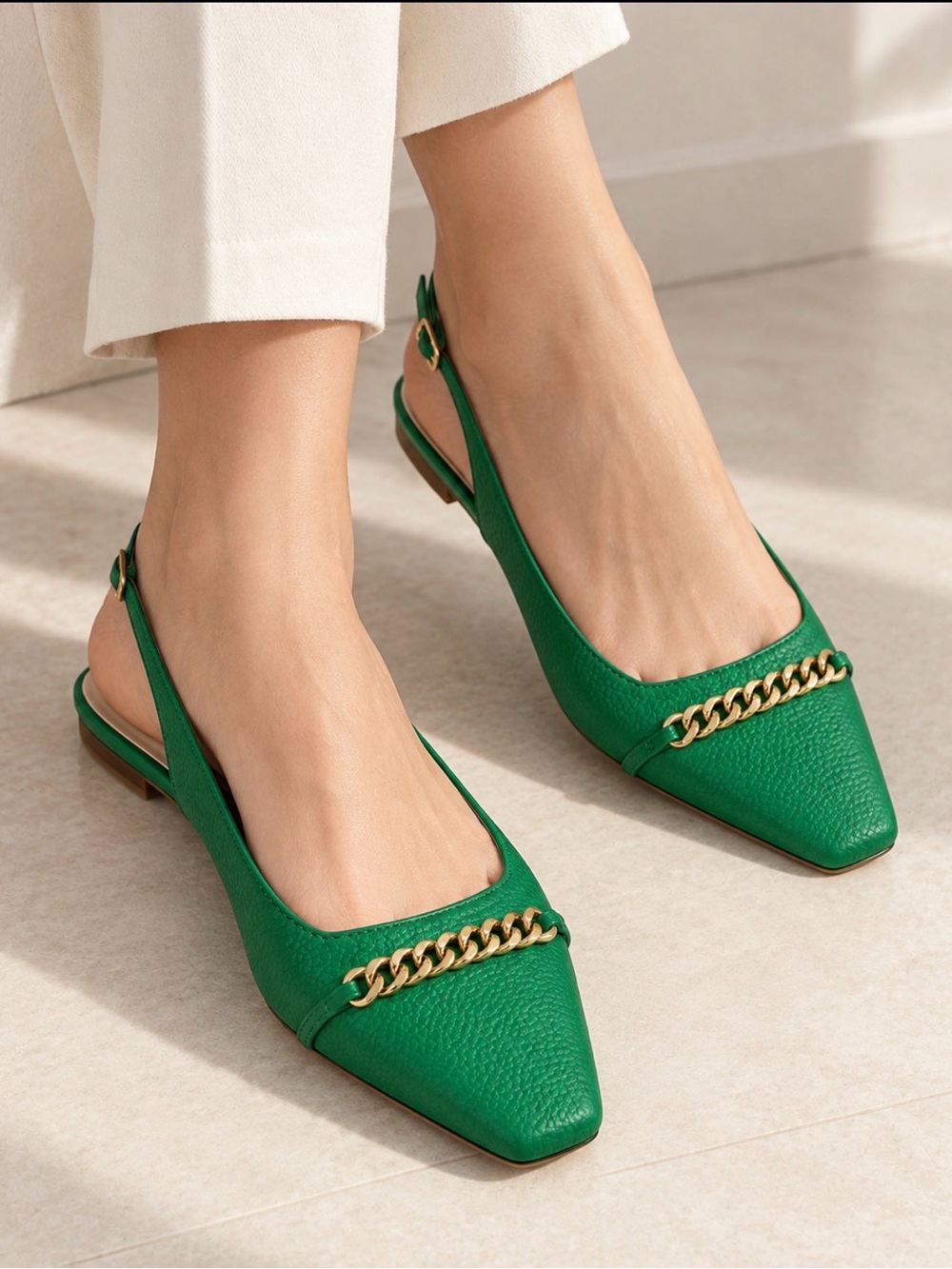 Green Chain-Trim Slingback Flats